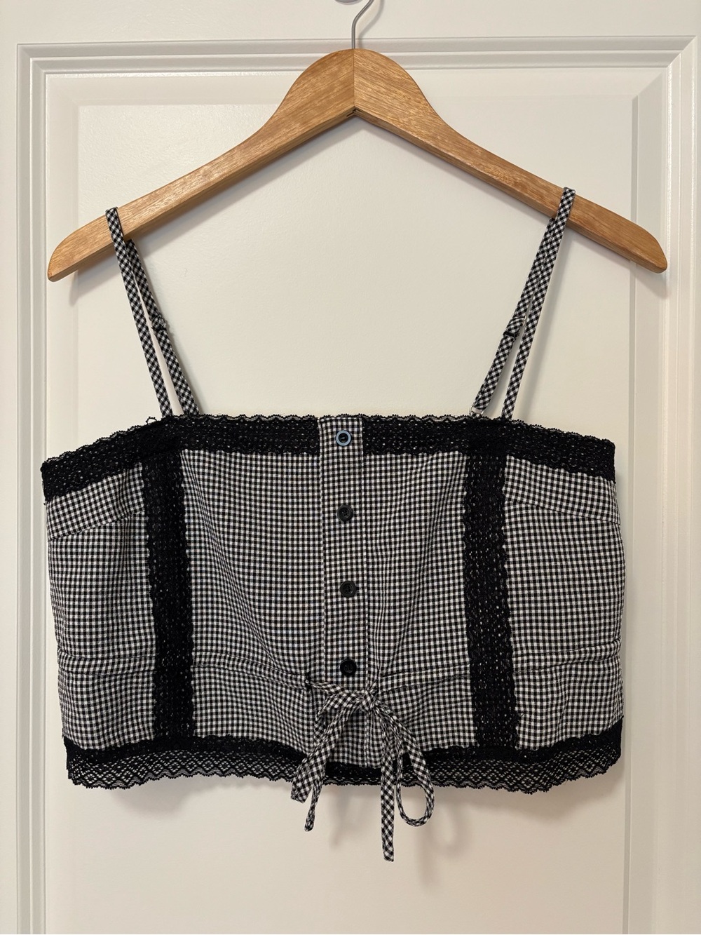 grade & gather Black and White Gingham Lace Trim Cami Tank Top, Size S